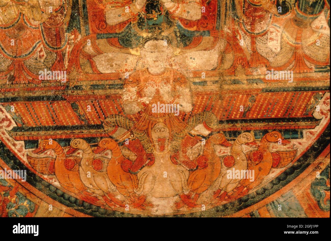 Nepal: Chandra Mandala circa.1425 A.D. Charioteer and 7 Geese. On Cotton. Stock Photo