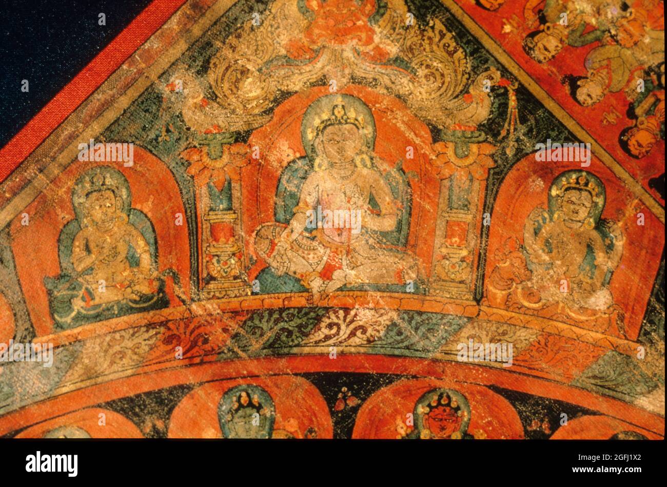 Nepal: Chandra Mandala circa.1425 A.D. Lower Right Bodhisattva. On Cotton. Stock Photo
