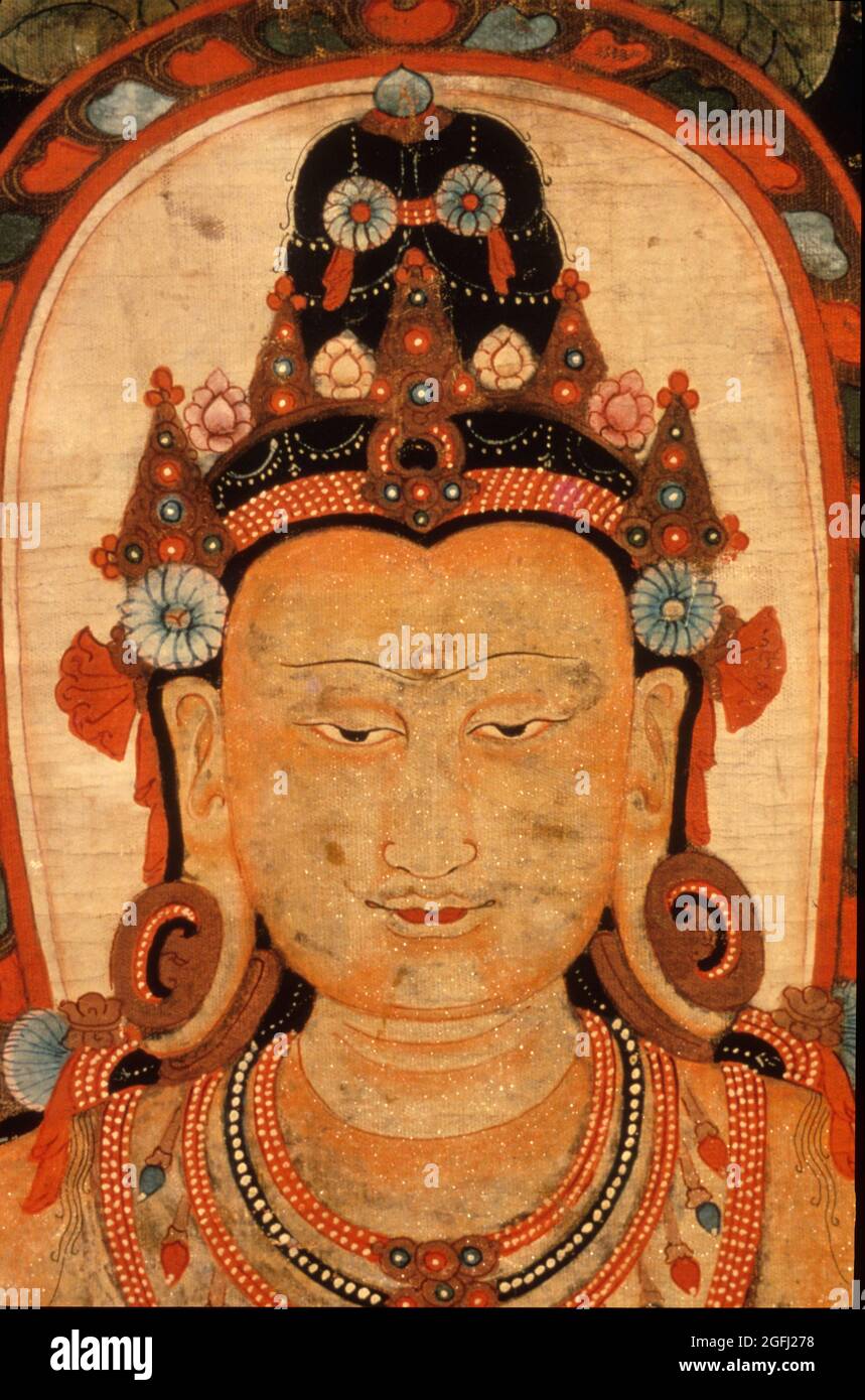 Tibet: Central Tibet, Kadampa Monastery Ratnasambhava 13th.century A.D. Detail Head. Stock Photo