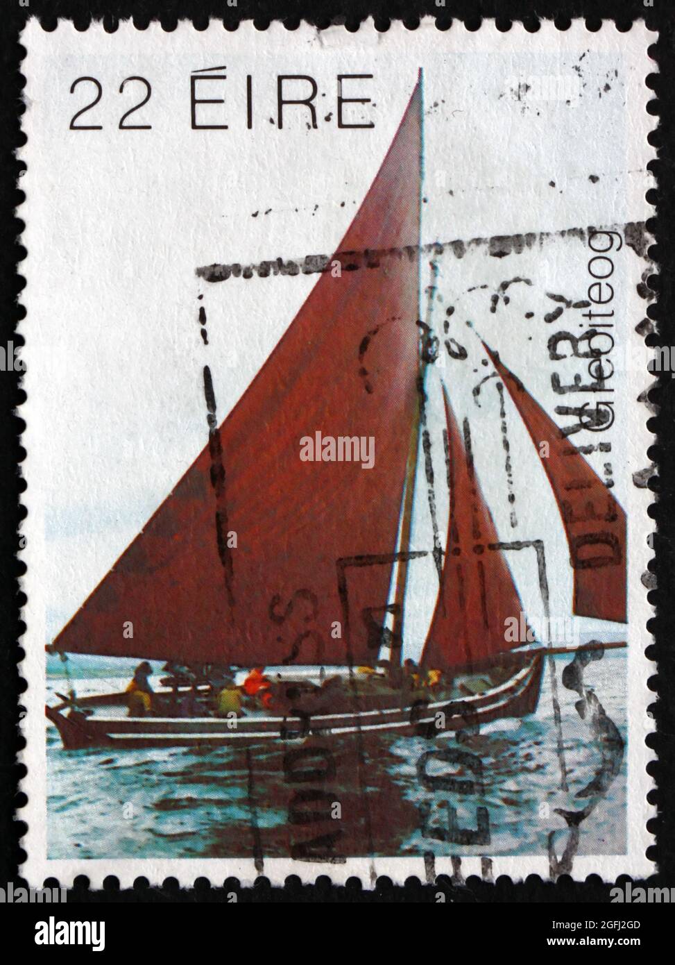 IRELAND - CIRCA 1982: A stamp printed in Ireland shows Galway Hooker, Traditional Fishing Boat Used in Galway Bay off the West Coast of Ireland, circa Stock Photo