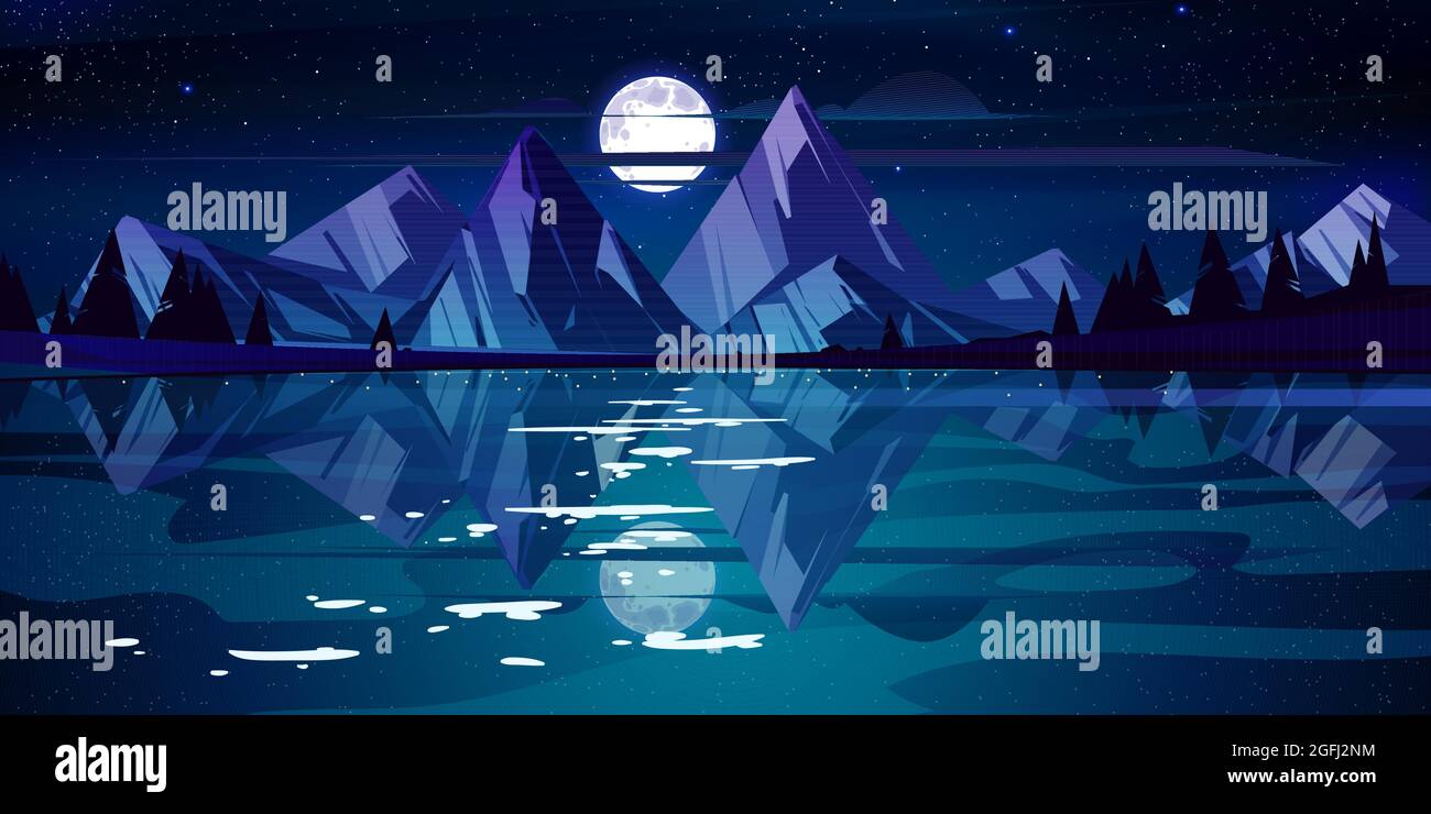 Night landscape with lake, mountains and trees Stock Vector Image & Art ...