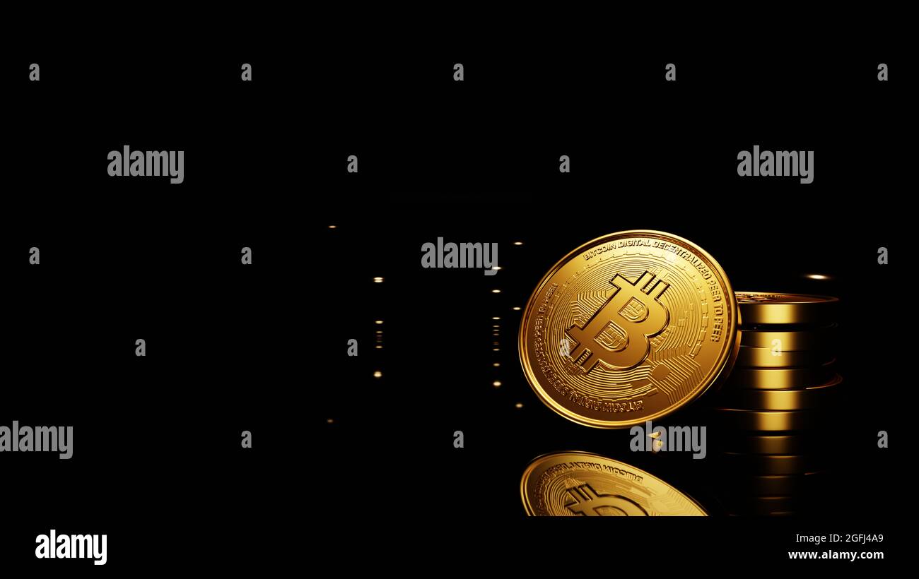 3D Render, Golden coins digital currency, Bitcoin, BTC, Cryptocurrency coins background, Stock market with copy space Stock Photo