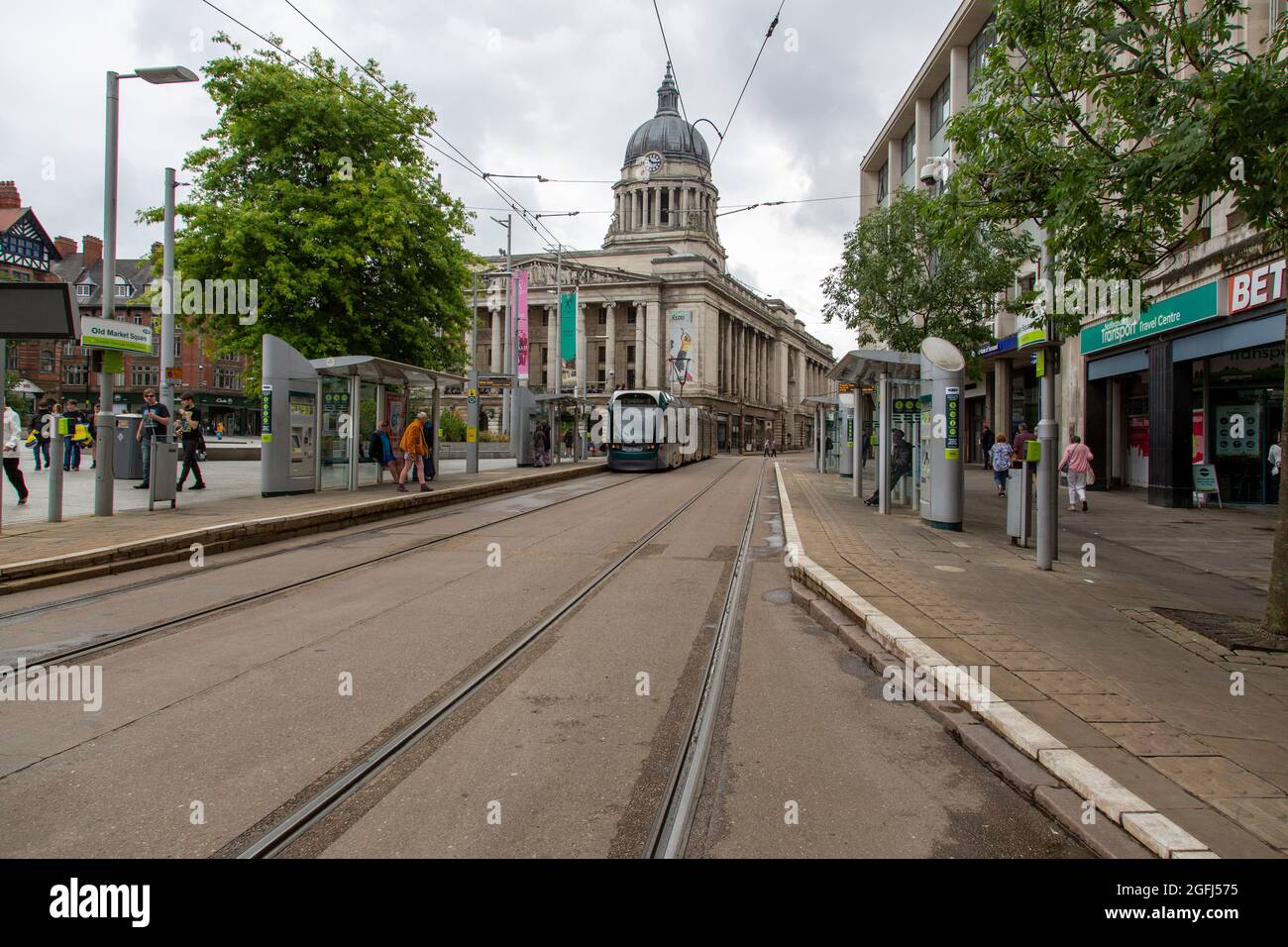 Trams near the Old Market Square and Nottingham Exchange, Nottingham, East Midlands, UK Stock Photo