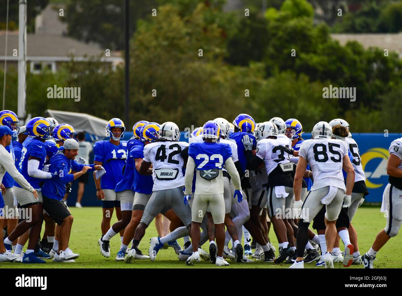 A fight breaks out between the Los Angeles Rams and Las Vegas Raiders during training camp on Thursday, Aug 19, 2021, in Thousand Oaks, Calif. (Dylan Stock Photo