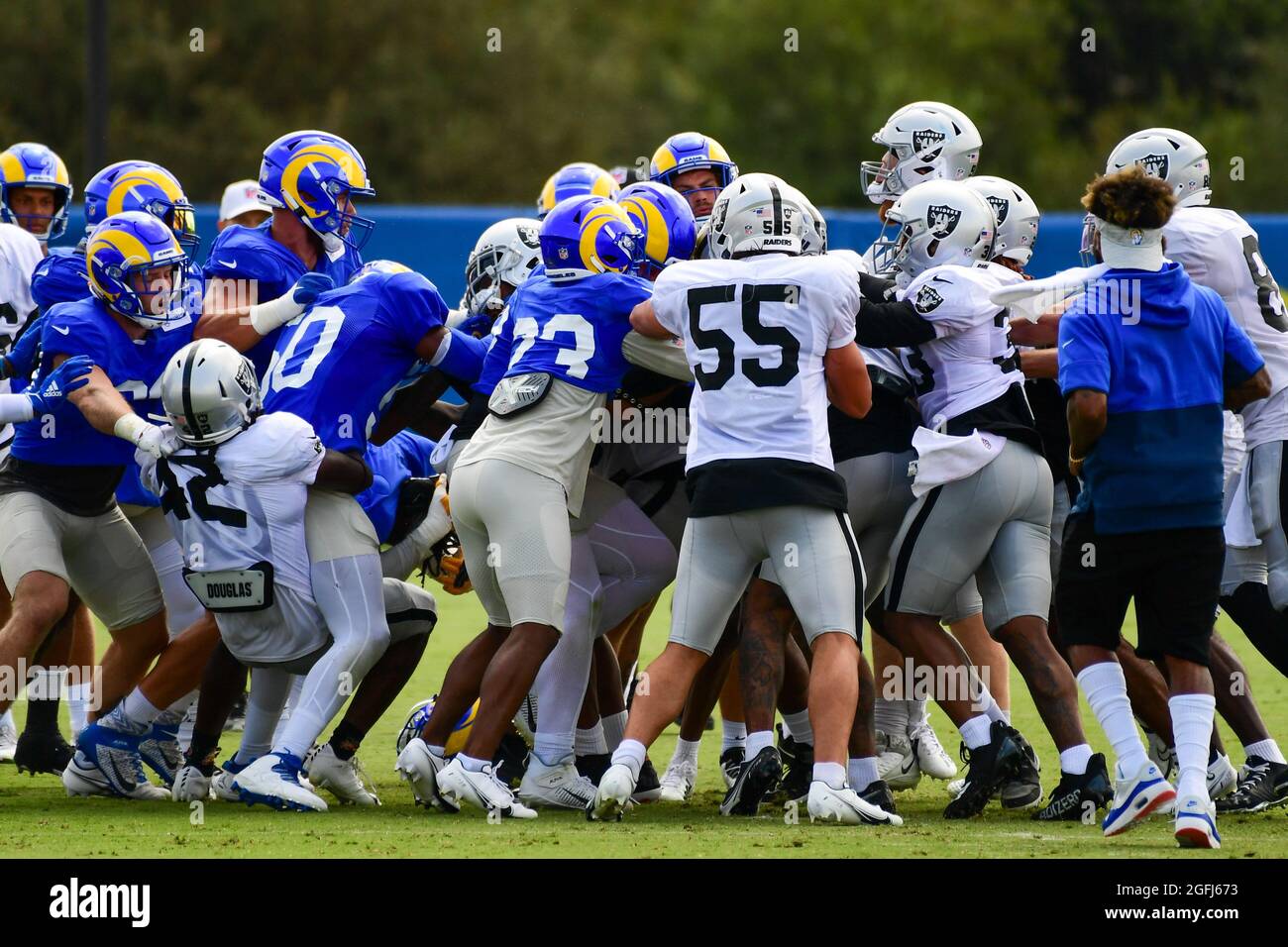 A fight breaks out between the Los Angeles Rams and Las Vegas Raiders during training camp on Thursday, Aug 19, 2021, in Thousand Oaks, Calif. (Dylan Stock Photo