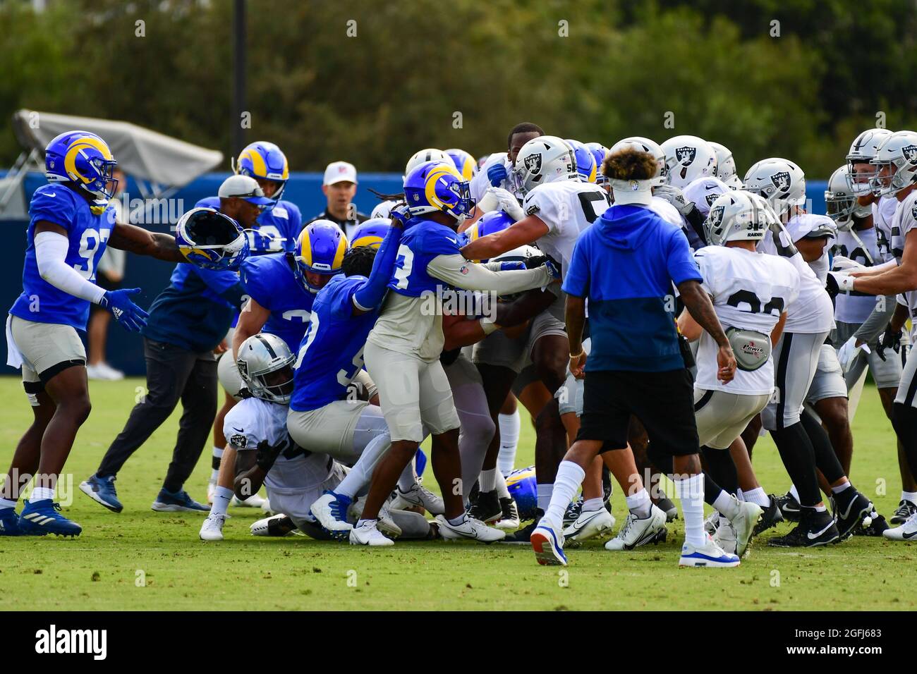 A fight breaks out between the Los Angeles Rams and Las Vegas Raiders during training camp on Thursday, Aug 19, 2021, in Thousand Oaks, Calif. (Dylan Stock Photo