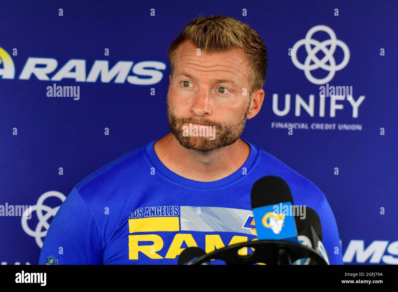 Los Angeles Rams head coach Sean McVay speaks to media after training camp  on Thursday, Aug 19, 2021, in Thousand Oaks, Calif. (Dylan Stewart/Image of  Stock Photo - Alamy