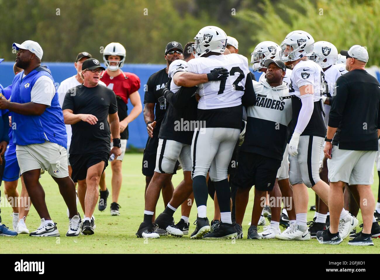 A fight breaks out between the Los Angeles Rams and Las Vegas Raiders during training camp on Thursday, Aug 19, 2021, in Thousand Oaks, Calif. (Dylan Stock Photo