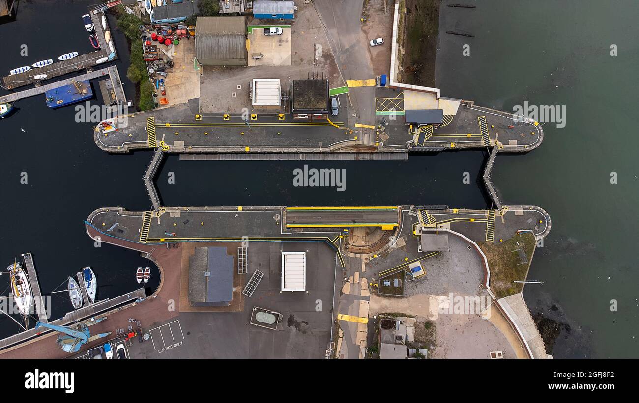 Looking down on the lock gates at the Wet Dock in Ipswich, UK Stock Photo