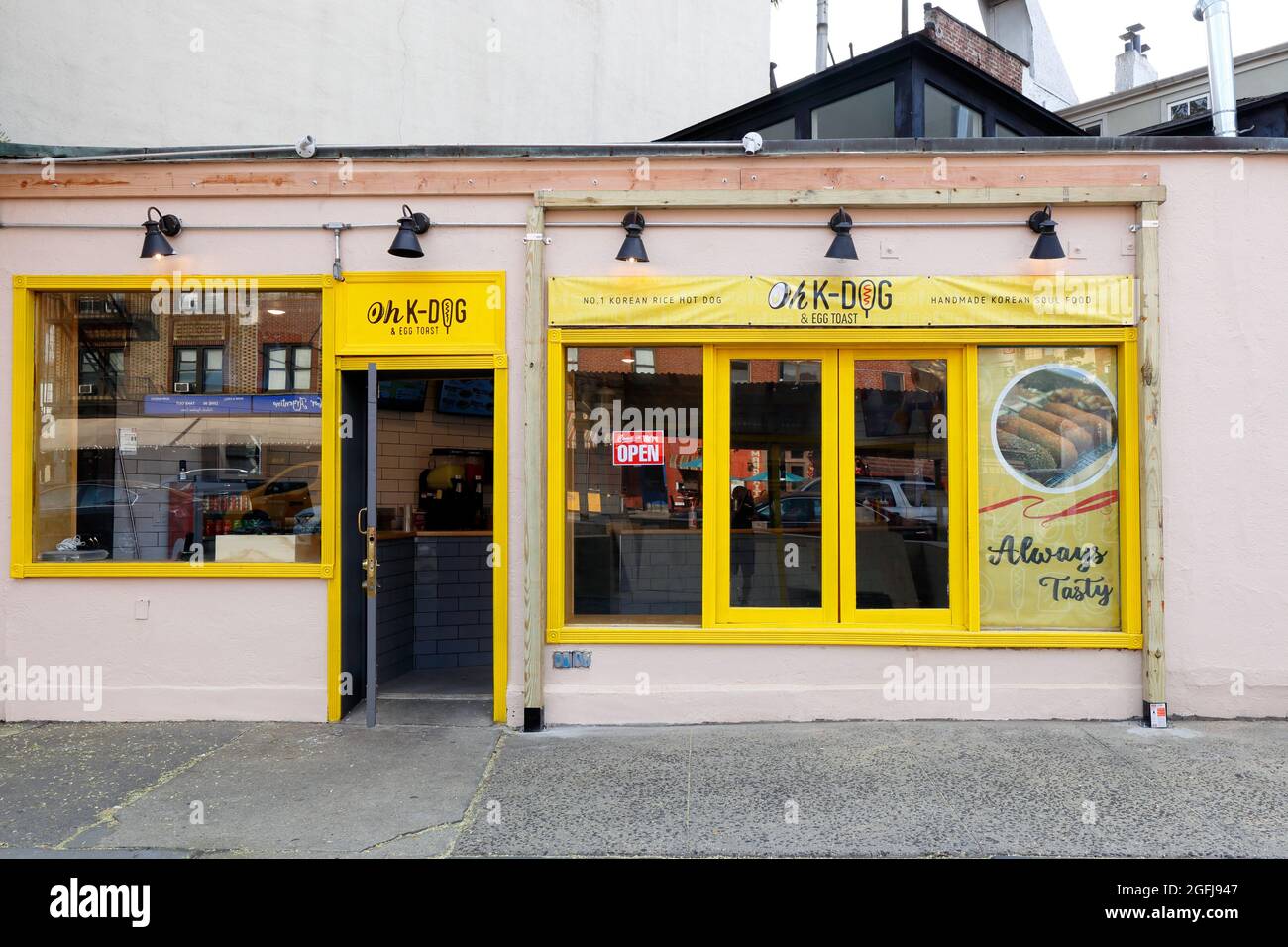 Oh K-Dog, 70 7th Ave S, New York, NYC storefront photo of a Korean rice dog and egg toast restaurant in the West Village neighborhood of Manhattan. Stock Photo