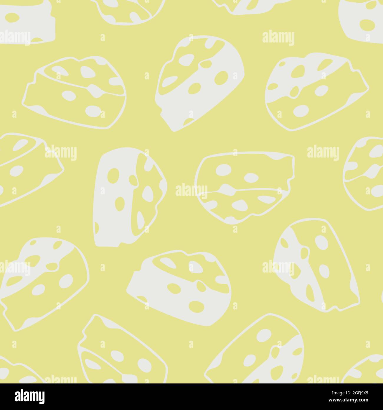 Vector seamless pattern with white cheese on yellow background. Cheese with holes. Stock Vector