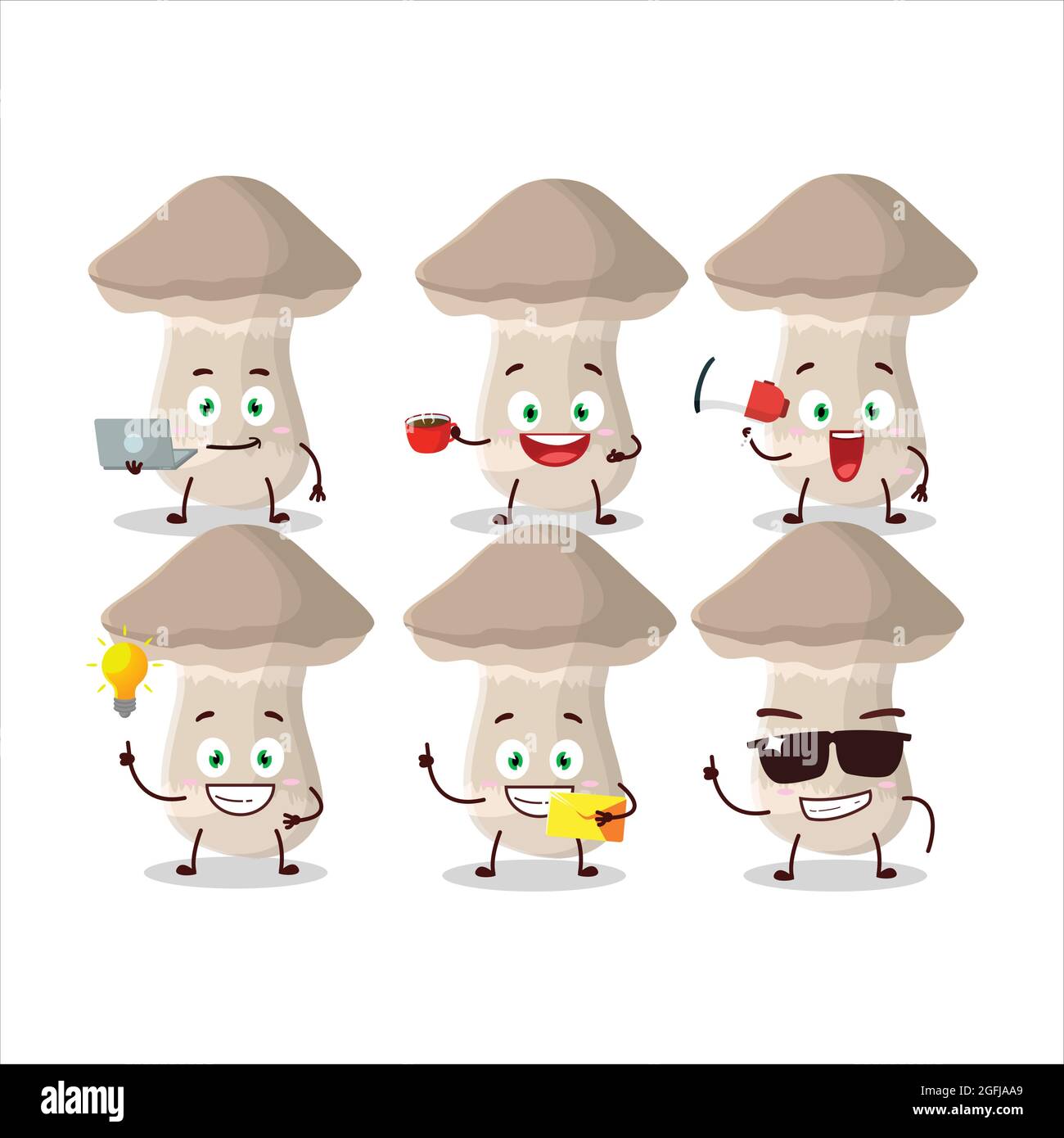 Toadstool cartoon character with various types of business emoticons. Vector illustration Stock Vector