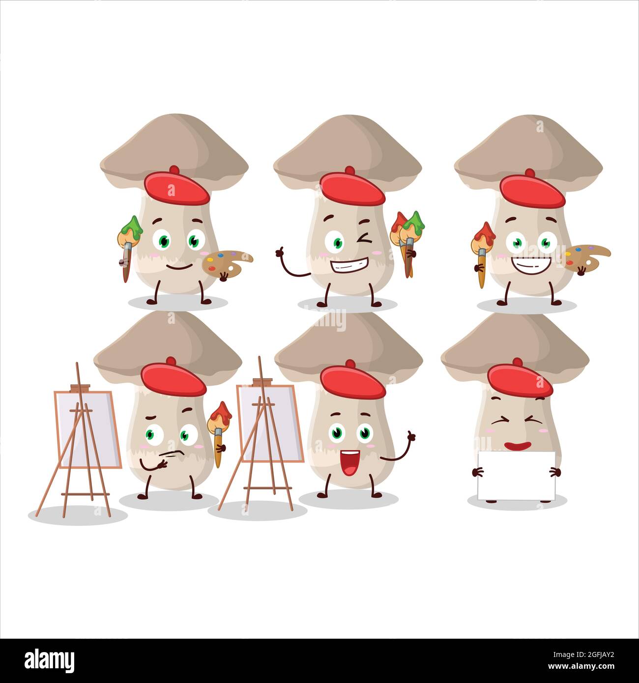Artistic Artist of toadstool cartoon character painting with a brush. Vector illustration Stock Vector