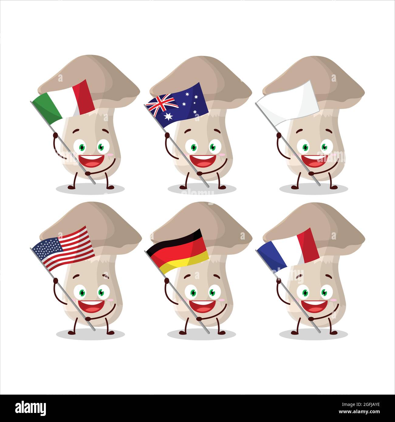 Toadstool cartoon character bring the flags of various countries. Vector illustration Stock Vector