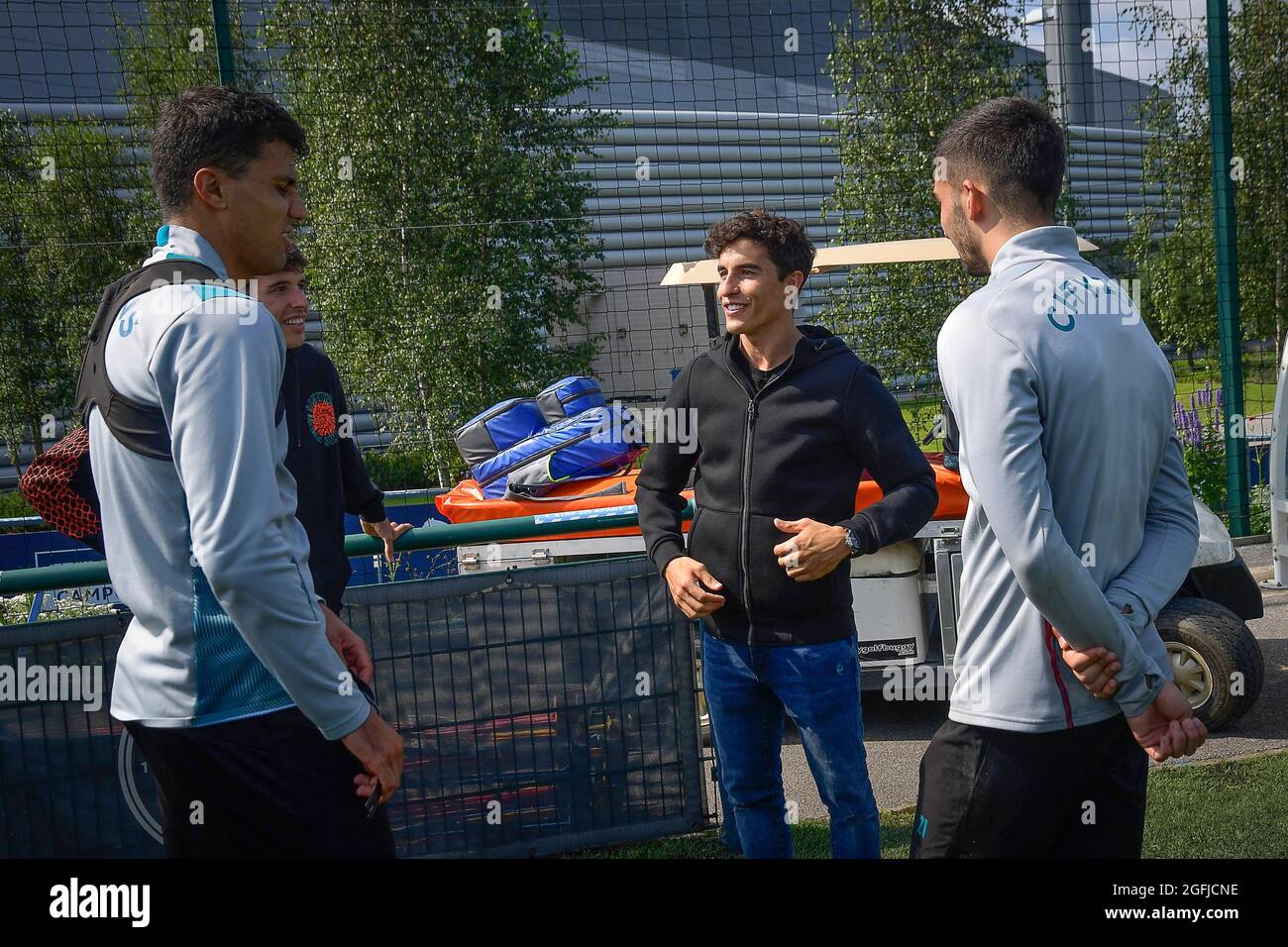 Spielberg, Austria. 25th Aug, 2021. Marc Marquez and Alex Marquez visit Manchester City Football Club ahead of the British GP. Manchester. August 25, 2021 In picture: Marc Marquez and Alex Marquez with Rodri and Ferran Torres Marc Marquez y Alex Marquez visitan los campos de entrenamiento del Manchester City antes del Gran Premio de Inglaterra de MotoGP, Manchester 25 de Agosto de 2021 POOL/ MotoGP.com/Cordon Press Images will be for editorial use only. Mandatory credit: © MotoGP.com Credit: CORDON PRESS/Alamy Live News Stock Photo