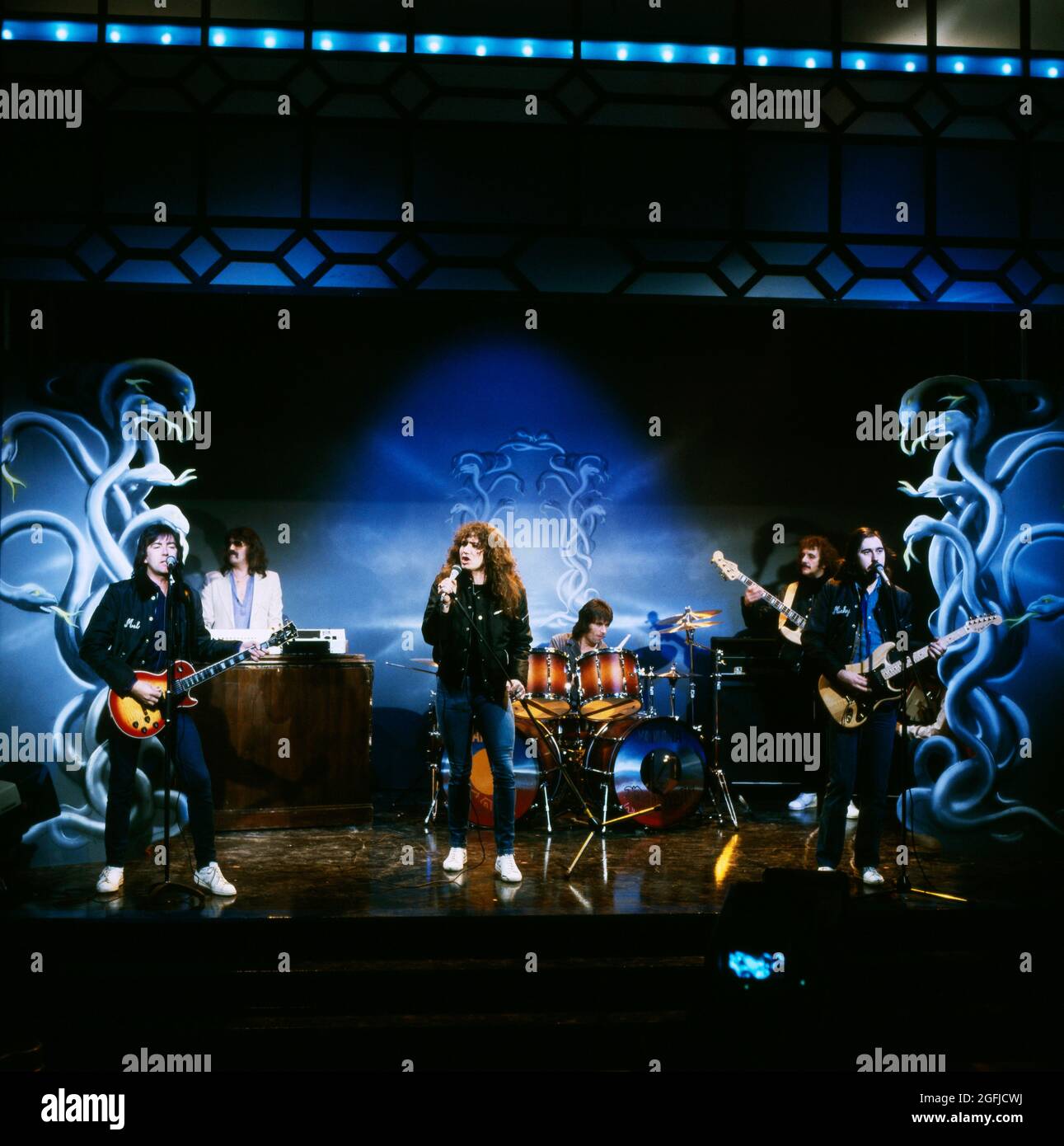 Whitesnake, British Hard Rock, Heavy Metal Band mit Sänger David Coverdale, Auftritt circa 1980. Whitesnake, British Hard Rock, Blues Rock, Heavy Metal Band, performance circa 1980. Stock Photo