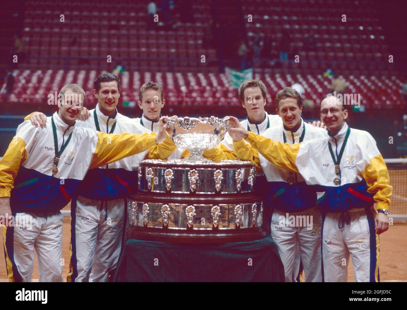 Swedish tennis team at the award ceremony with the trophies, Davis Cup