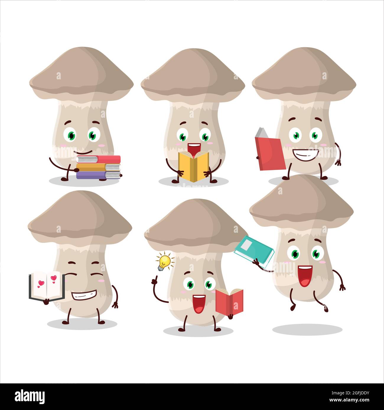 A picture of toadstool cartoon character concept reading an amusing book. Vector illustration Stock Vector