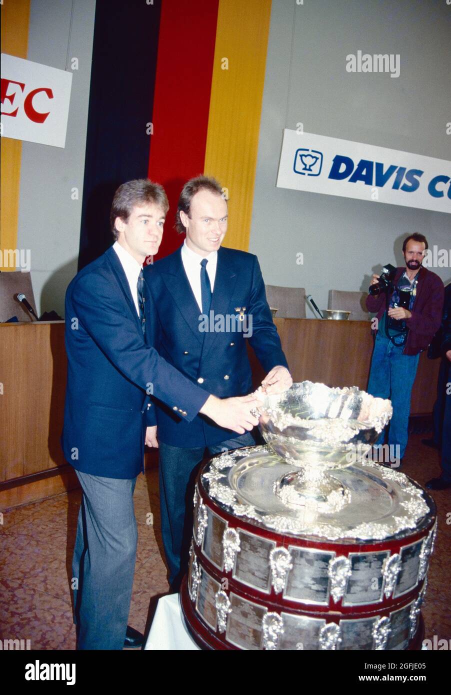 German tennis team celebrating victory with the trophies, Davis Cup