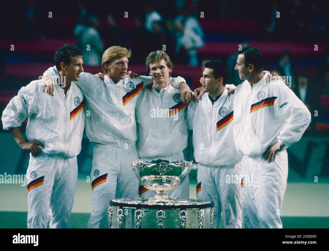 German tennis team celebrating victory with the trophies, Davis Cup