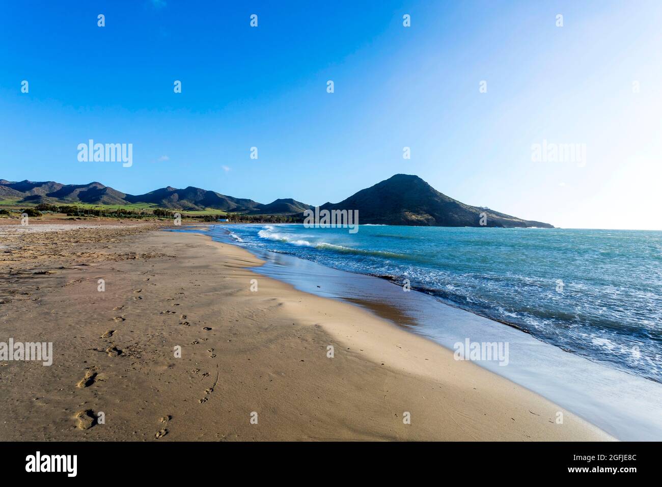 Landscape of the coastal area Cabo de Gata, province of Almeria, Andalucia, Spain. Beach Playa de los Genoveses along the Mediterranean coast, Cabo de Stock Photo