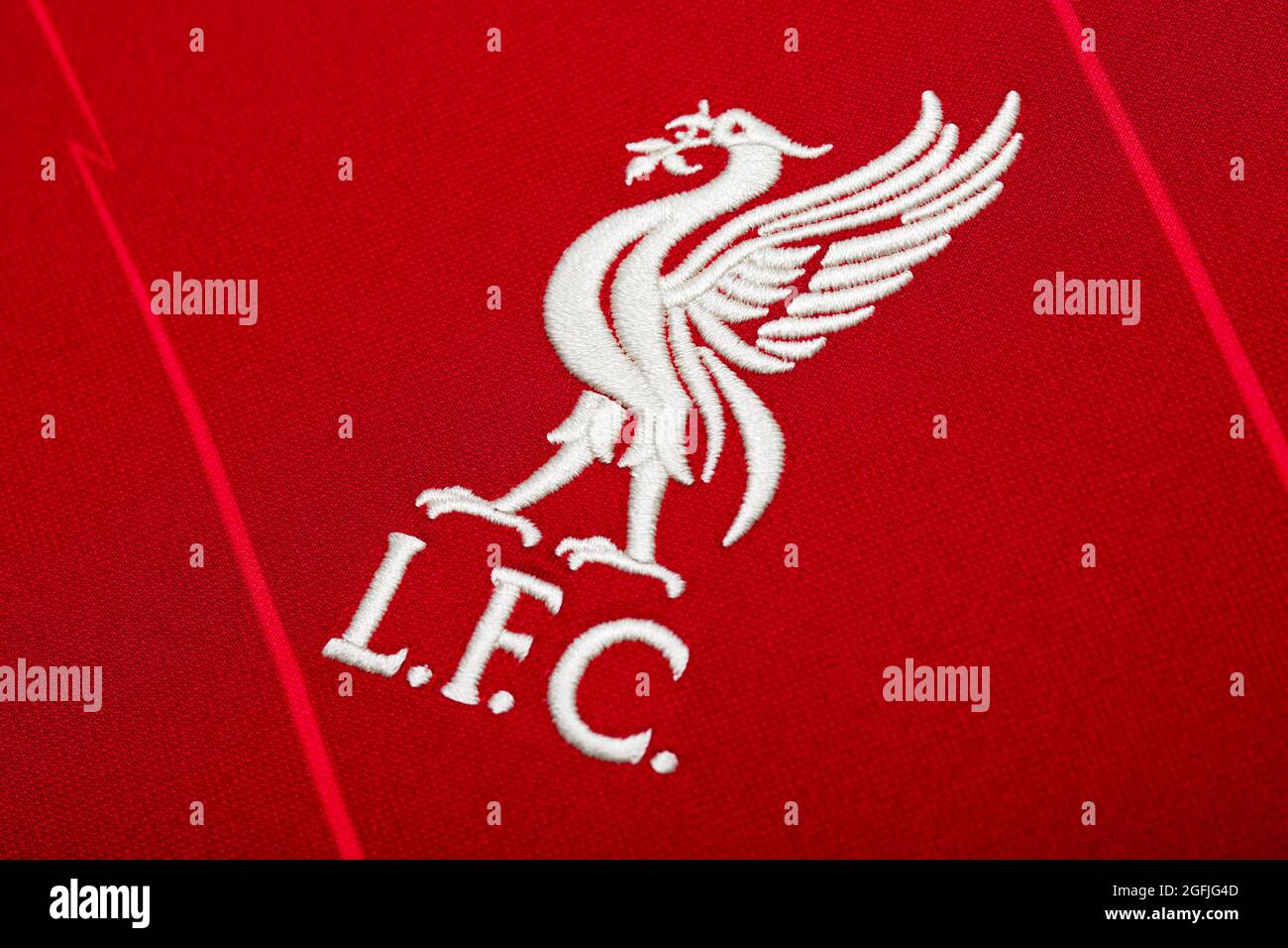 Close up of Liverpool FC kit 2020/21. Stock Photo