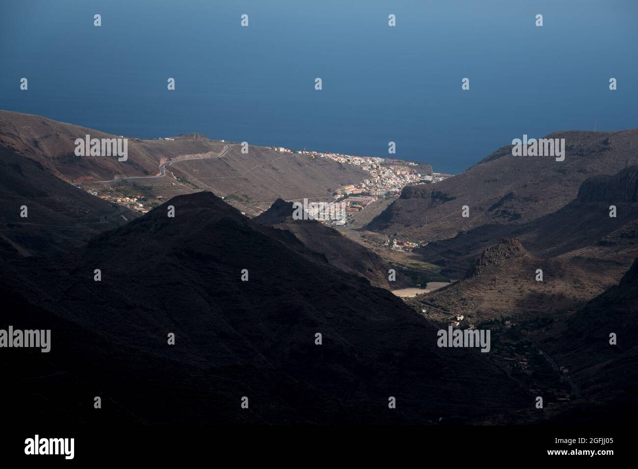 San Sebastian seen from  Cumbre Carbonera at La Gomera in the Canary Islands. Stock Photo