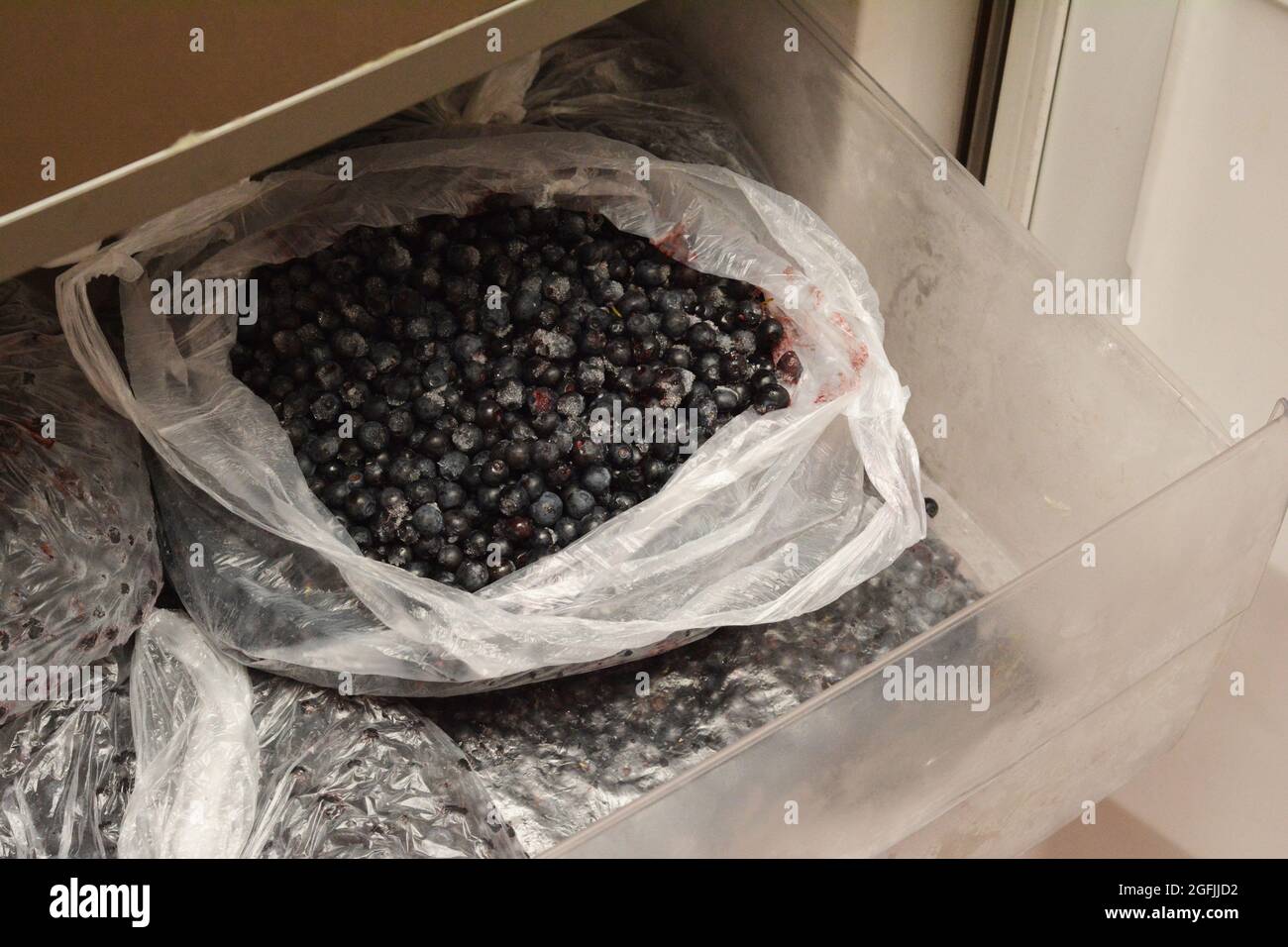 Frozen bilberries, wild blueberries in plastic bag is a source of