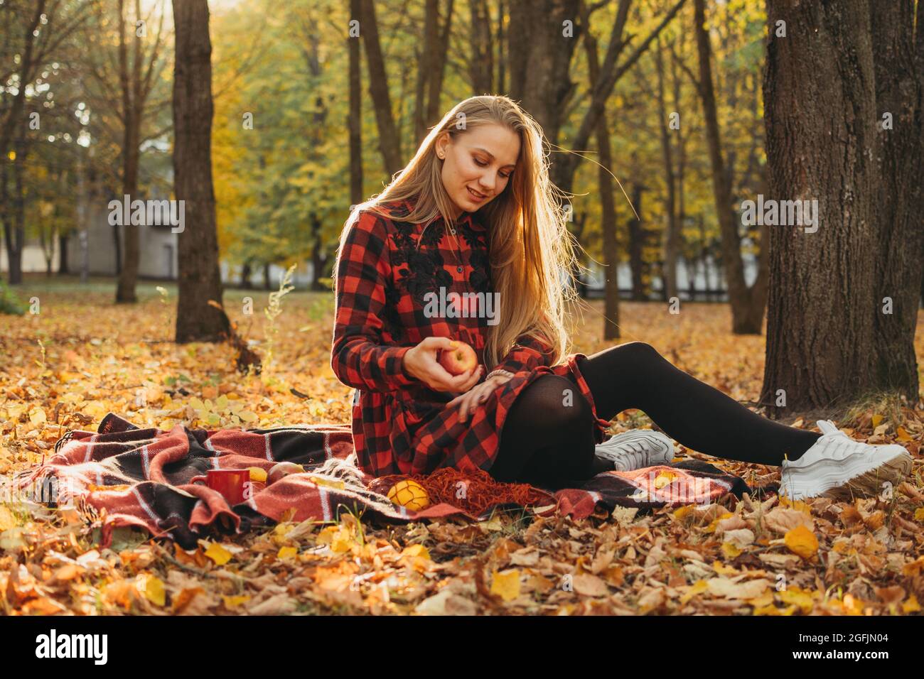 Fall picnic ideas, autumn day off, solo picnic, Self Date, Things to Do by Yourself. Alone young woman enjoying life in the autumn park Stock Photo