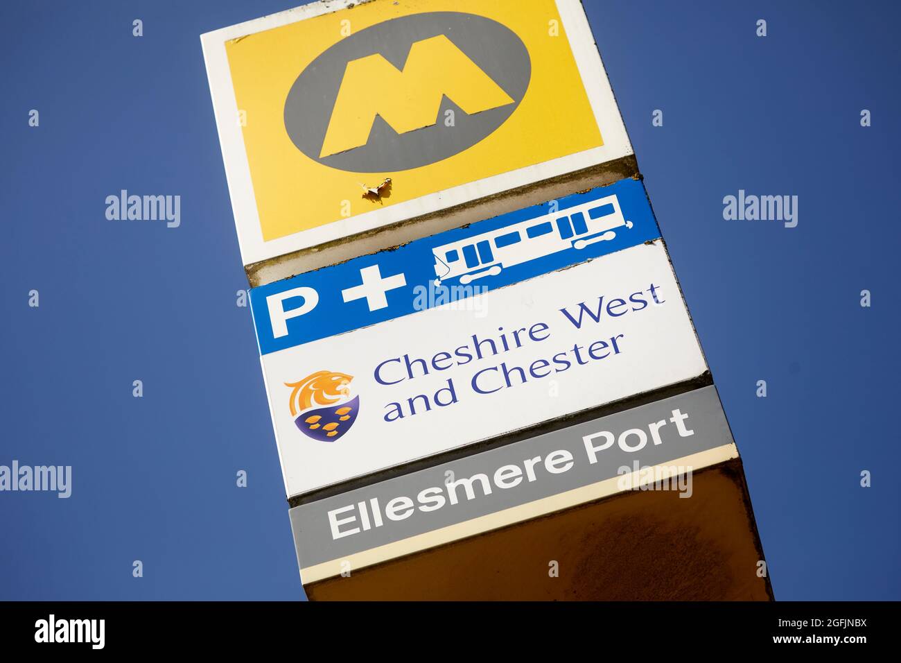 Ellesmere Port train station Cheshire, Merseyrail railway sign Stock Photo