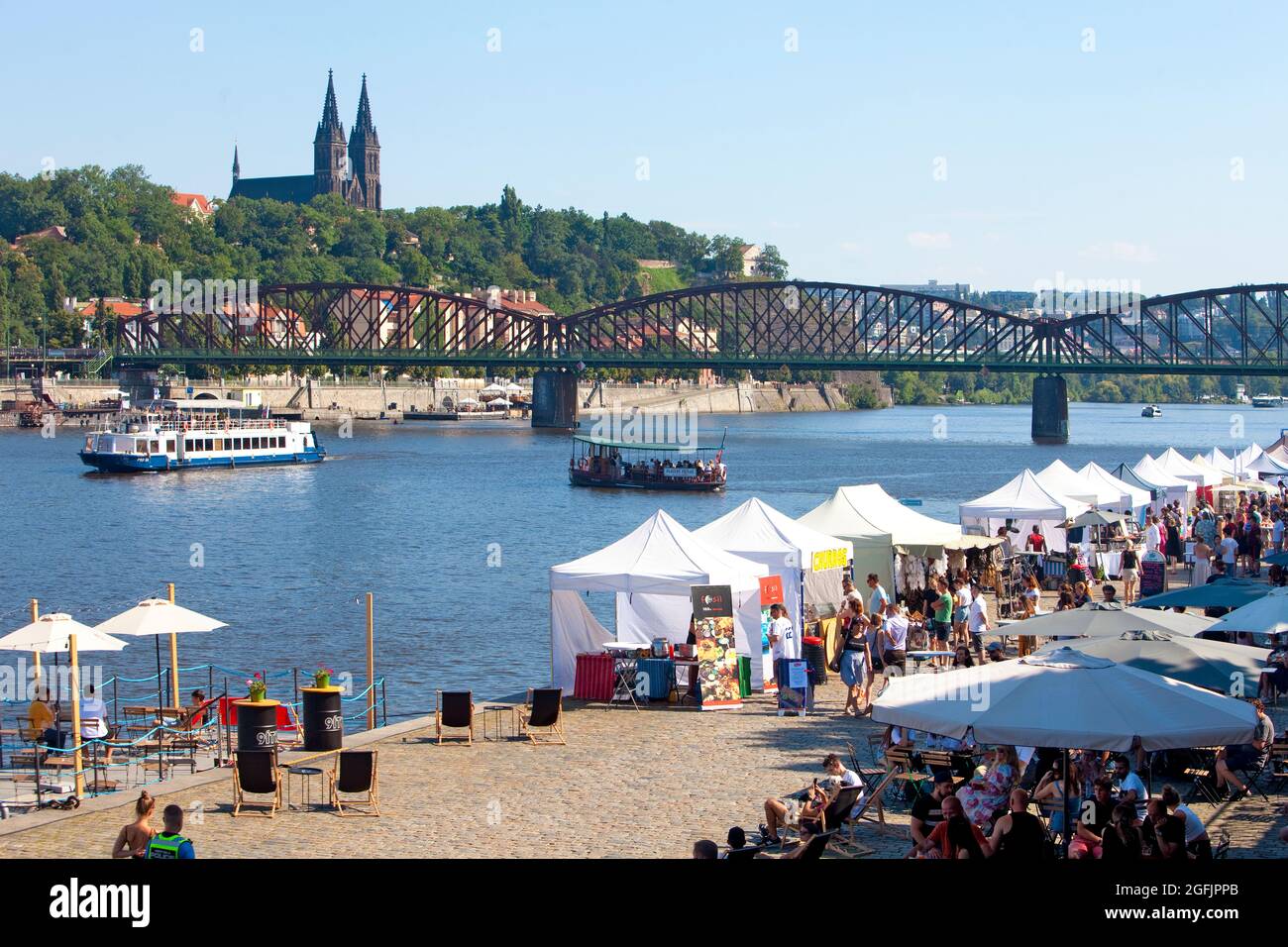Czech Republic, Prague - Shops and restaurants at popular Sm’chov quay. Stock Photo