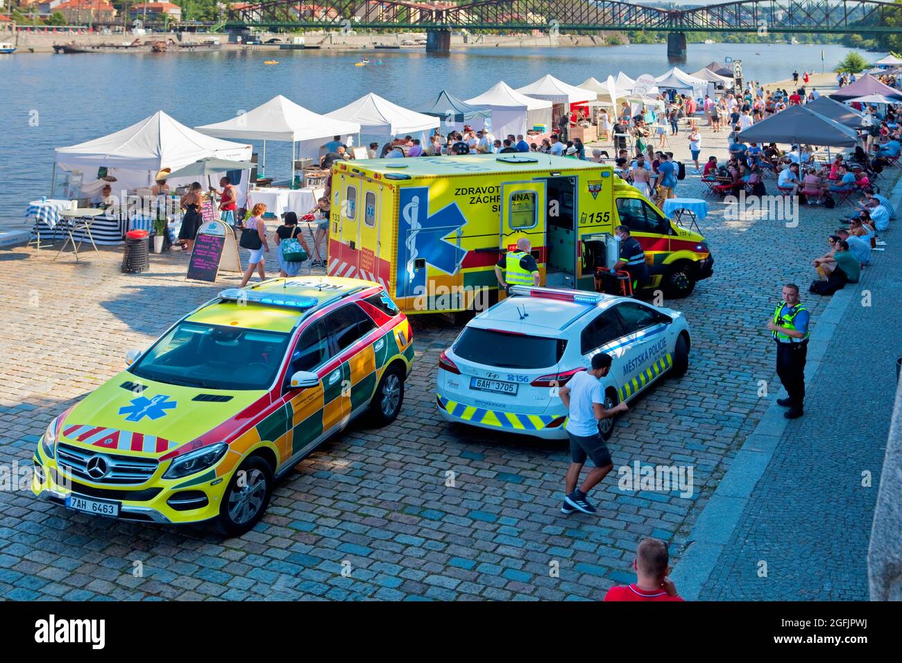 Czech Republic, Prague - Emergency at popular Smíchov quay. Stock Photo