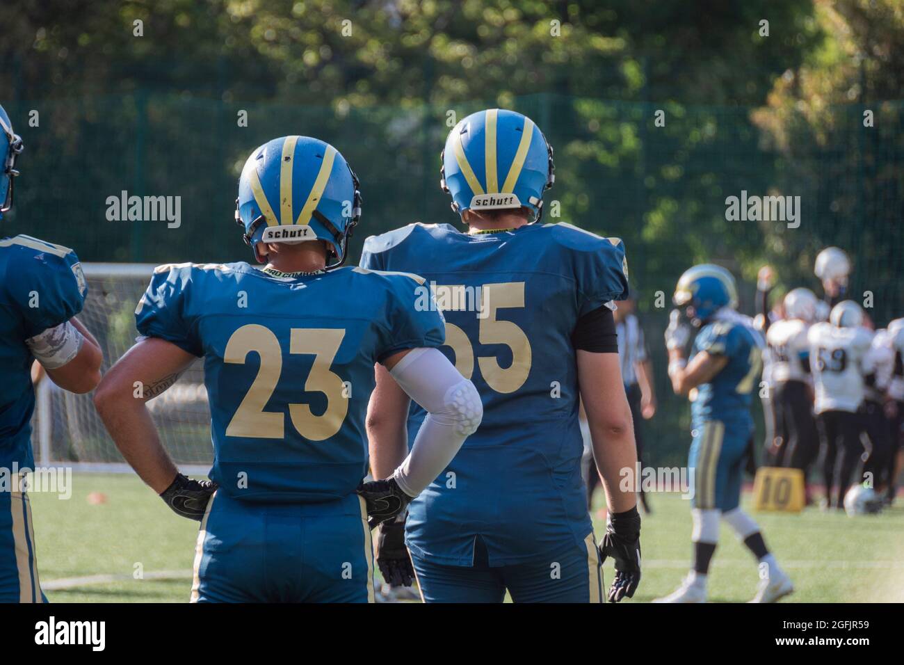 Kiev Ukraine, 15 August 2021, Players in sports uniforms on the field of playing American football. Ukrainian Championship Lvov Lions vs Kiev Capitals Stock Photo