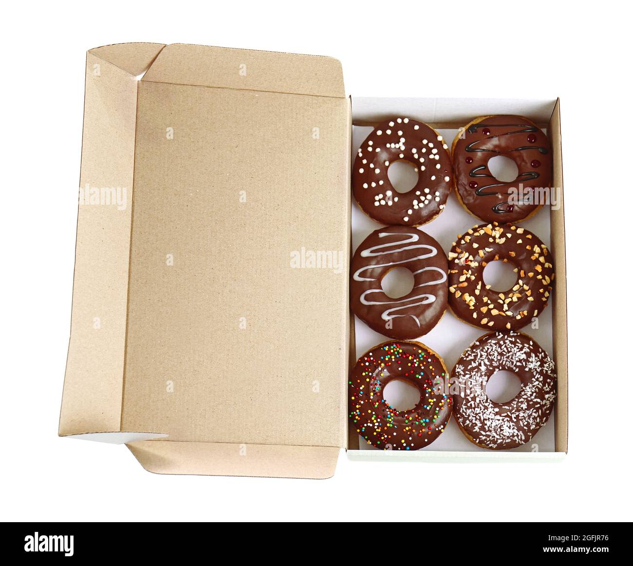 Tasty donuts in paper box on white background Stock Photo - Alamy
