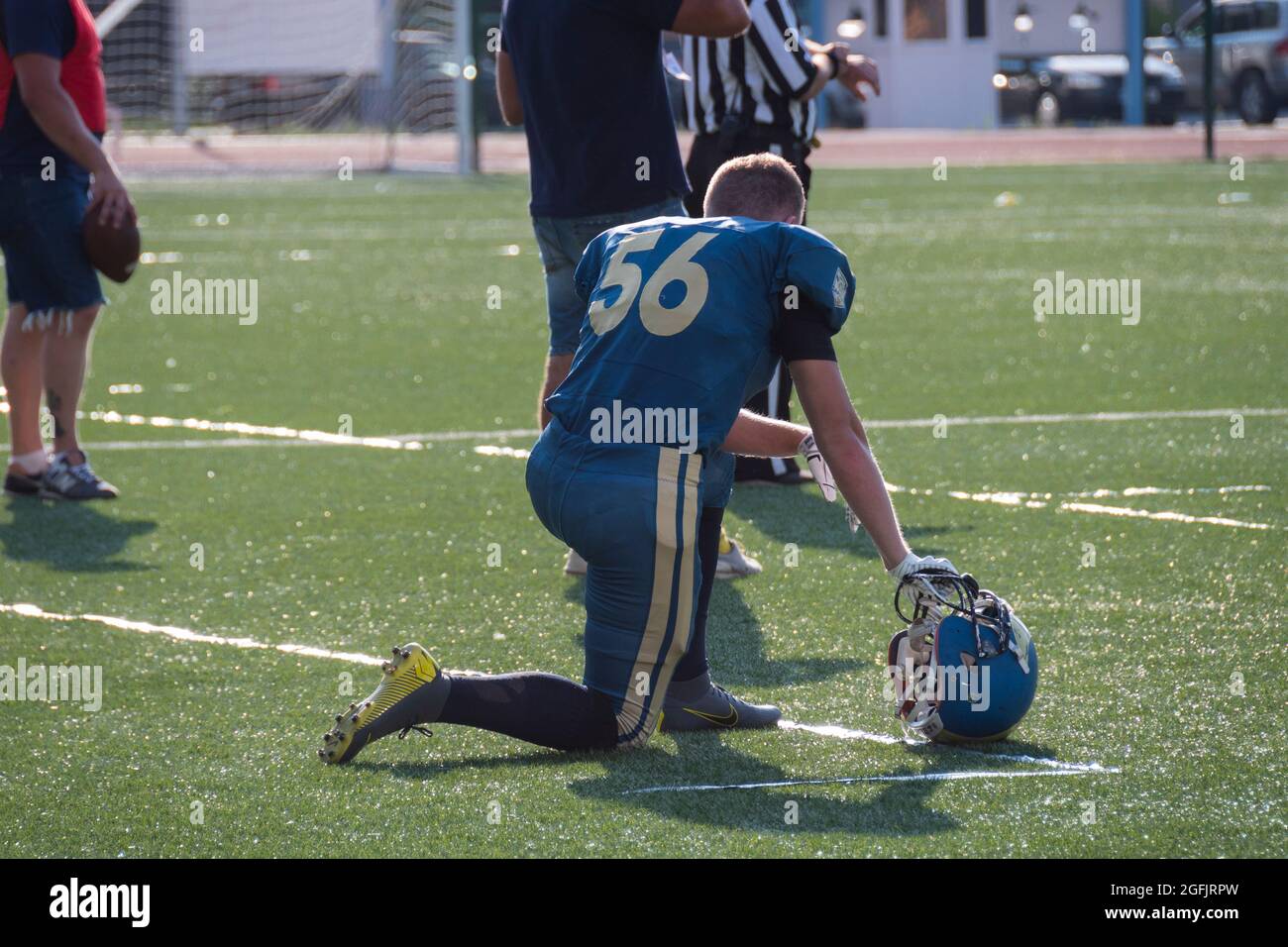 Kiev Ukraine, 15 August 2021, Players in sports uniforms on the field of playing American football. Ukrainian Championship Lvov Lions vs Kiev Capitals Stock Photo