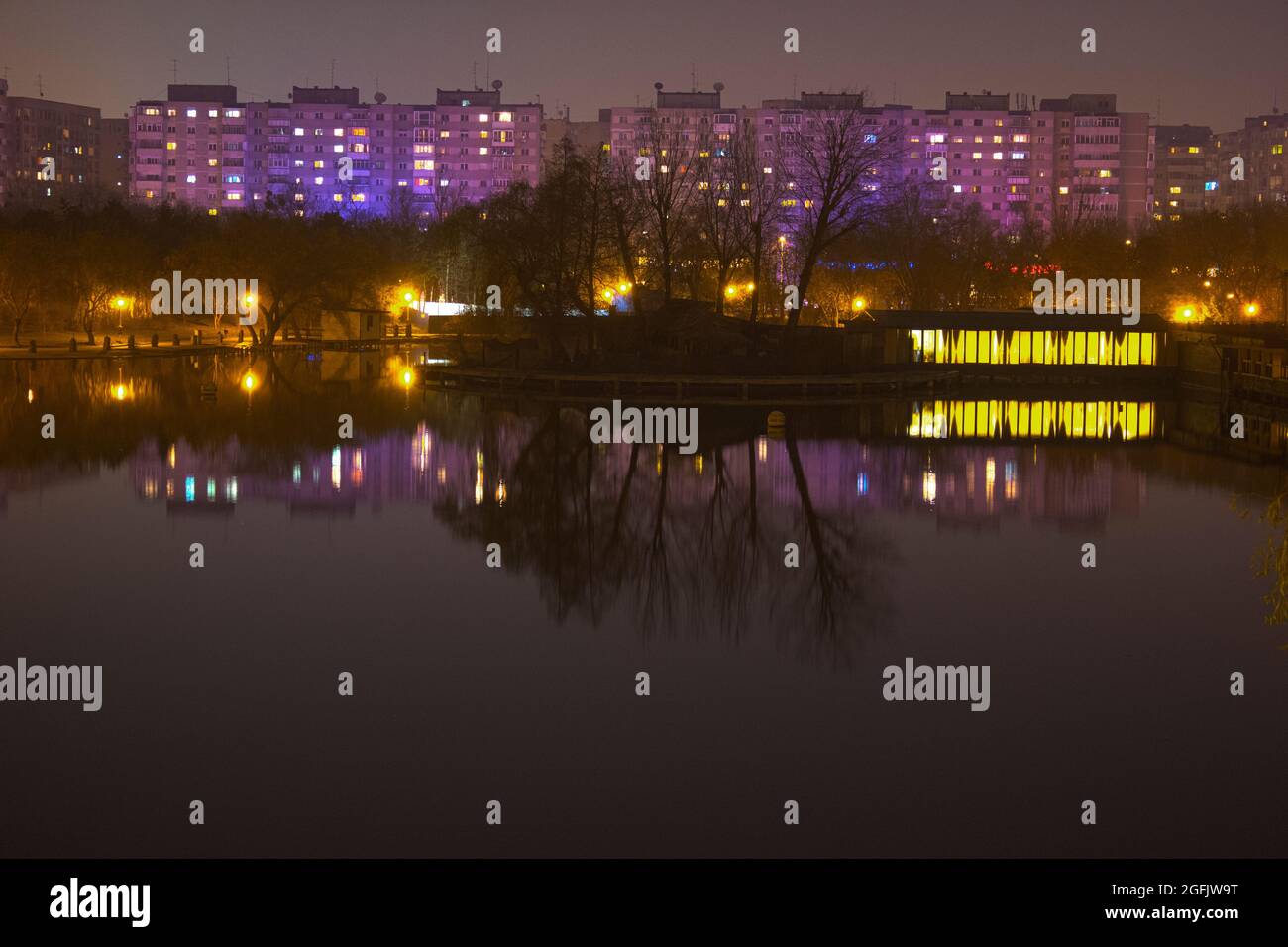 Apartment buildings viewed from Tineretului Park, Bucharest. Stock Photo