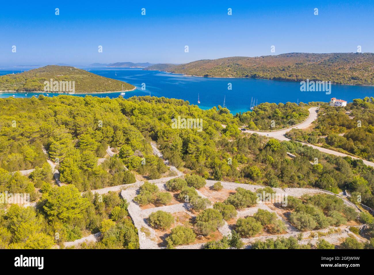 Aerial view of Veli Rat bay on the island of Dugi Otok on Adriatic sea in Croatia, beautiful seascape Stock Photo