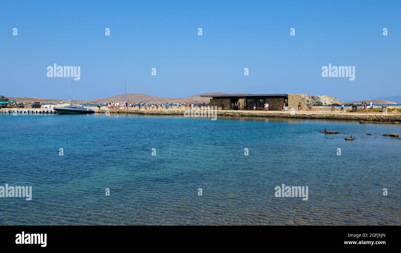 The harbour of Delos, a sacred island and UNESCO's World Heritage site in the Cyclades, Greece Stock Photo