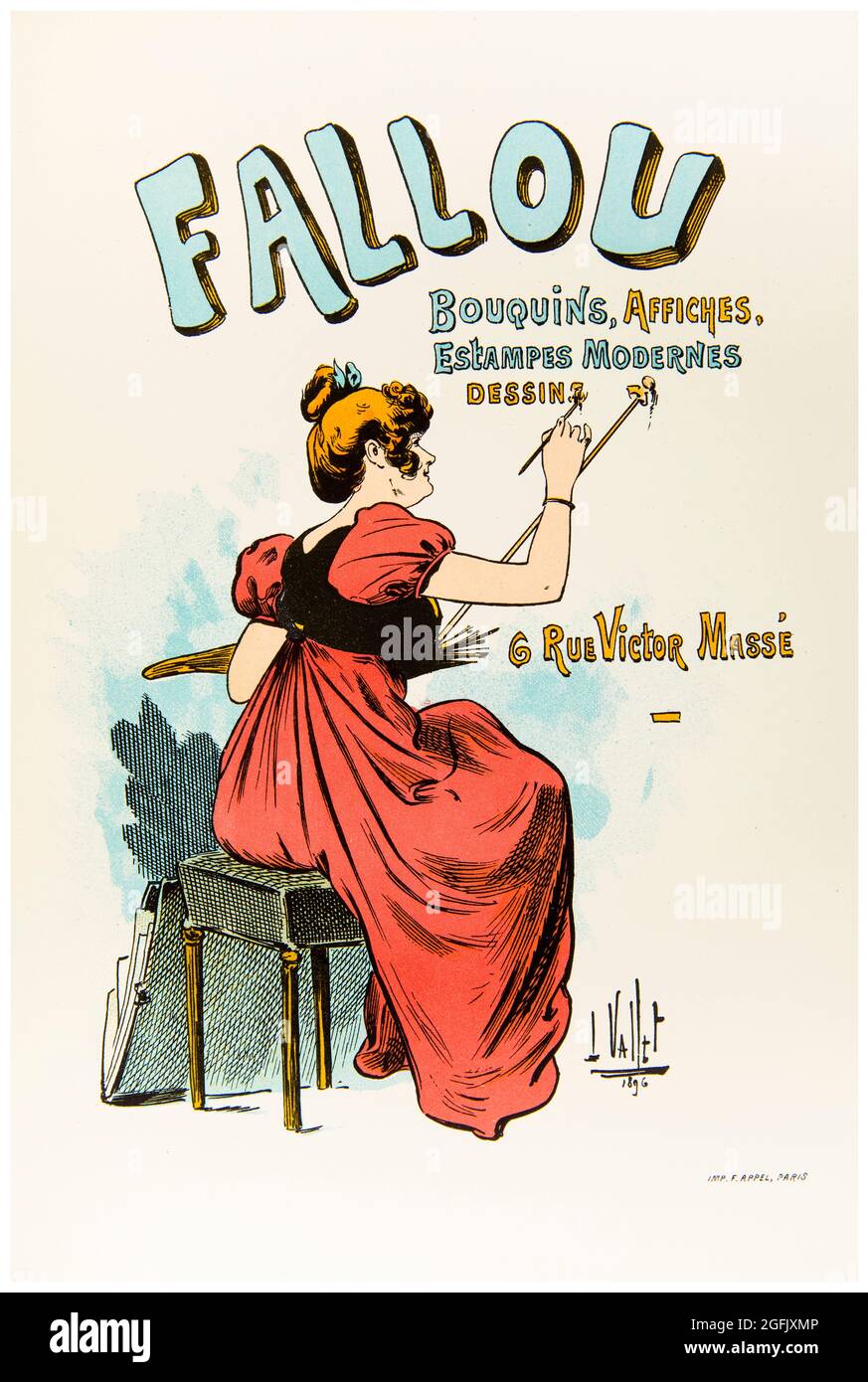 Vintage 19th Century Address card of the publishing house and art bookstore, Fallou, 6 rue Victor Masse Paris France, lithographic print by Louis Vallet, 1896-1897 Stock Photo