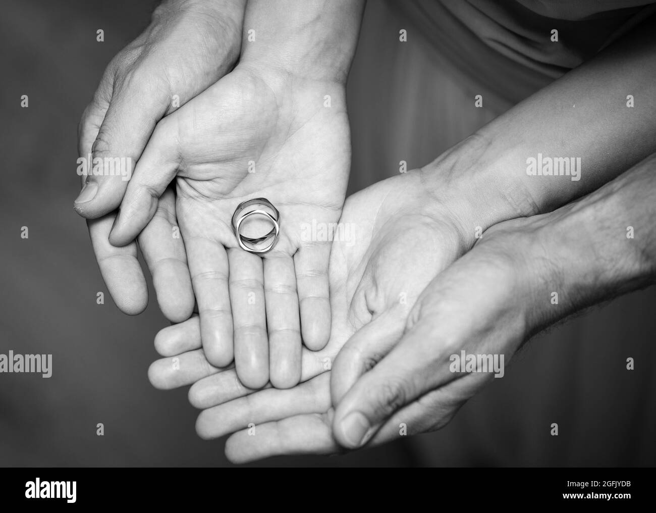 Wedding rings on the hand of the bride and groom Stock Photo Alamy