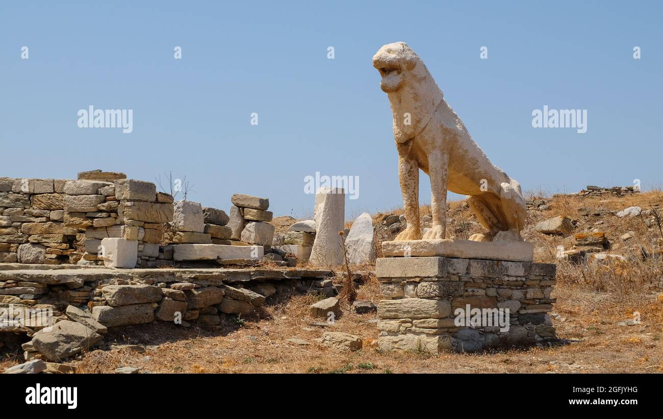The Lions of the Naxians at the archaeological site in Delos, Greece ...