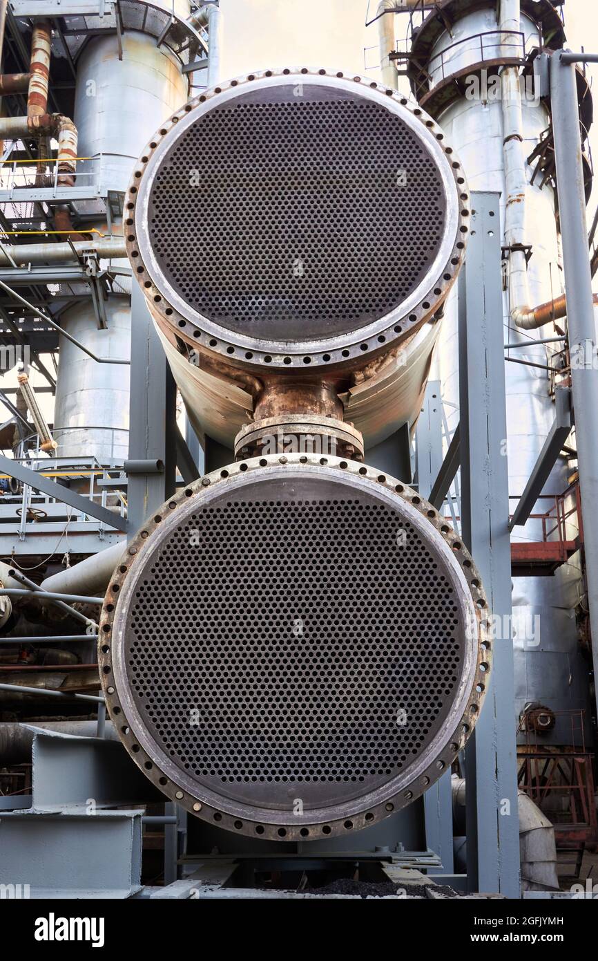 Industrial two section heat exchanger or boiler tubes bundle. Two huge heat exchangers shell and