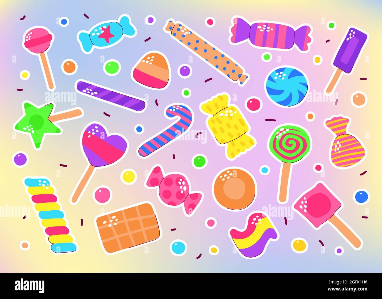 Cute color candy sticker set. Sugar Sweets on gradient background