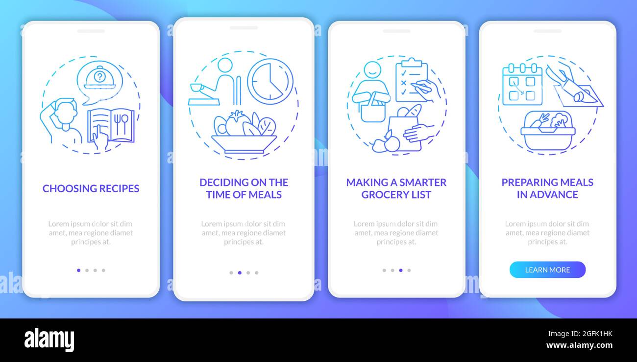 Meal planning basics blue gradient onboarding mobile app page screen Stock Vector