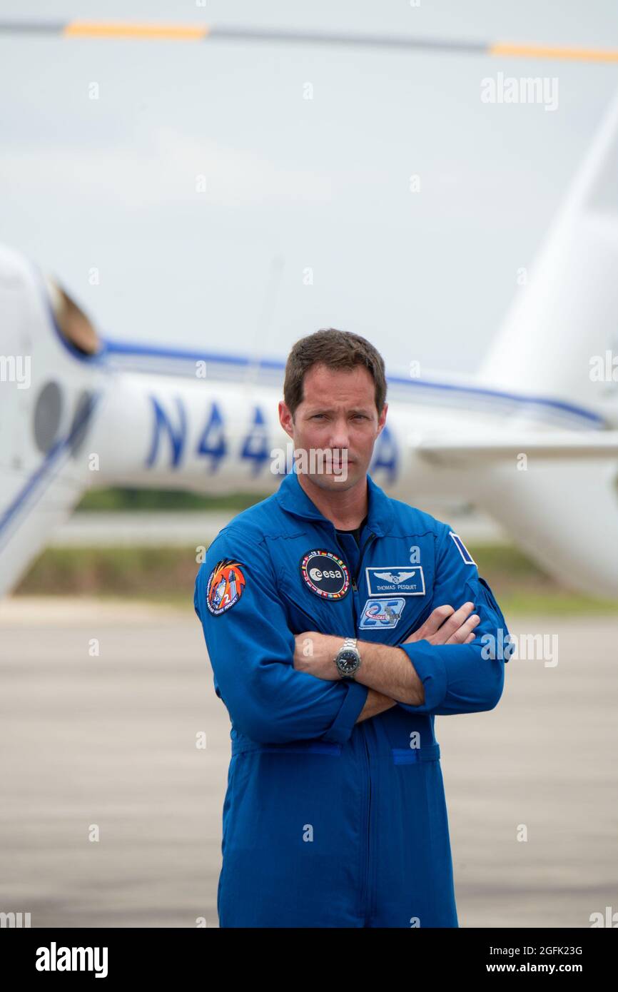 United States, Florida, Merritt Island, 2021/04/16: French astronaut Thomas Pesquet (ESA) in spacesuit, commander of the flight Crew 2, SpaceX mission Stock Photo