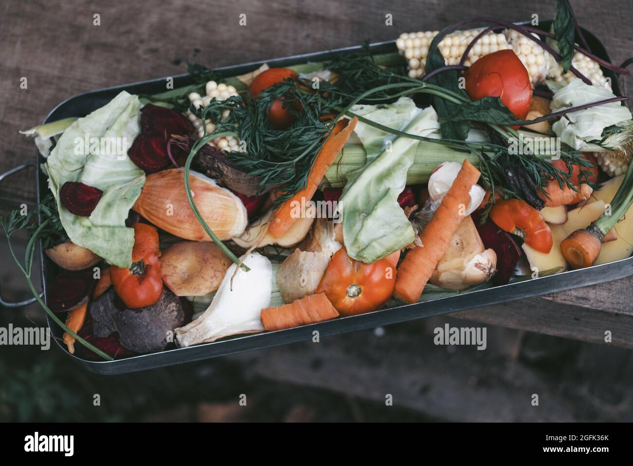 Fresh kitchen scraps in bin. Sustainable and zero waste. High quality photo Stock Photo