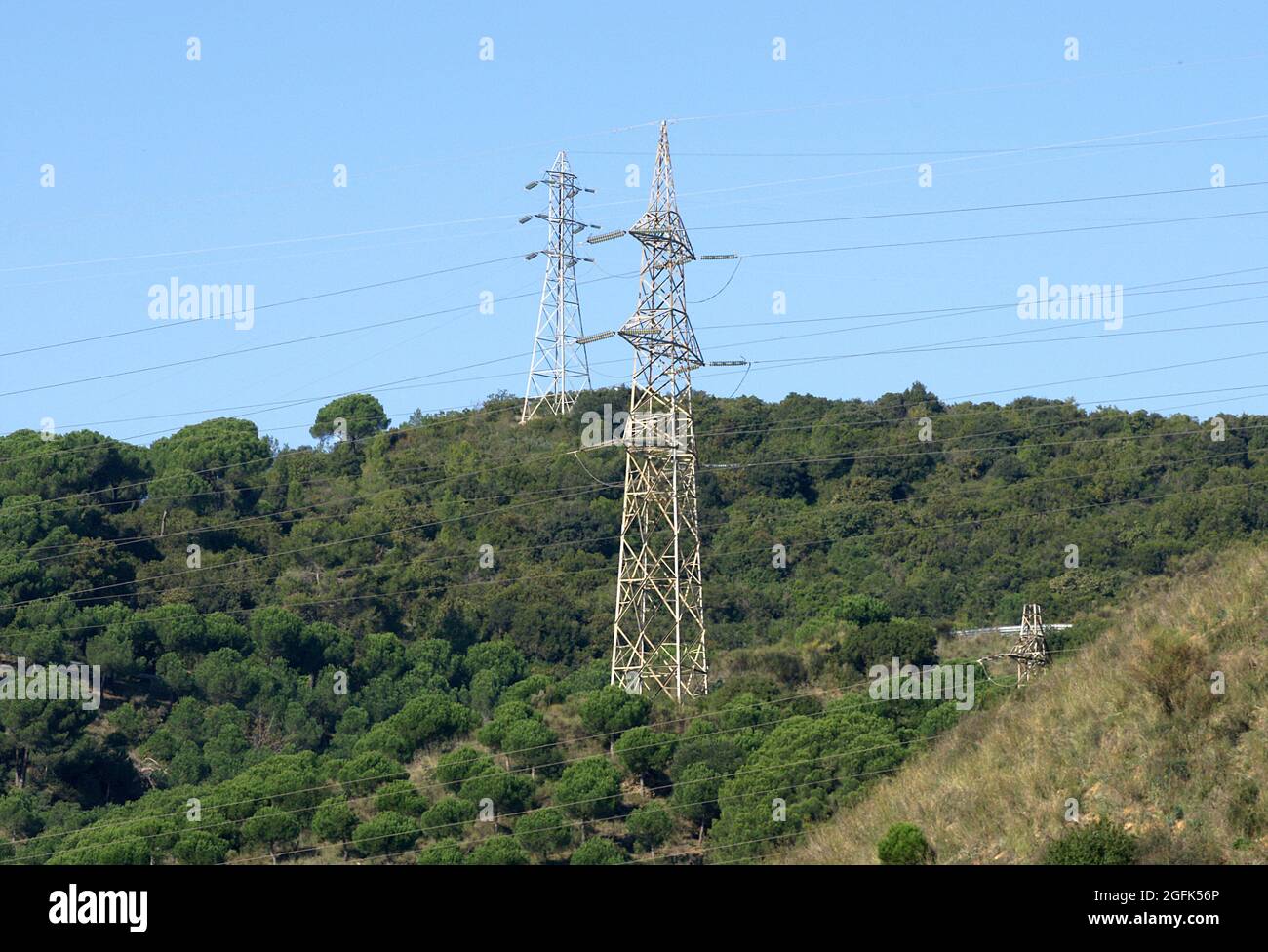 High voltage towers on a mountain in Catalunya, Barcelona, Spain