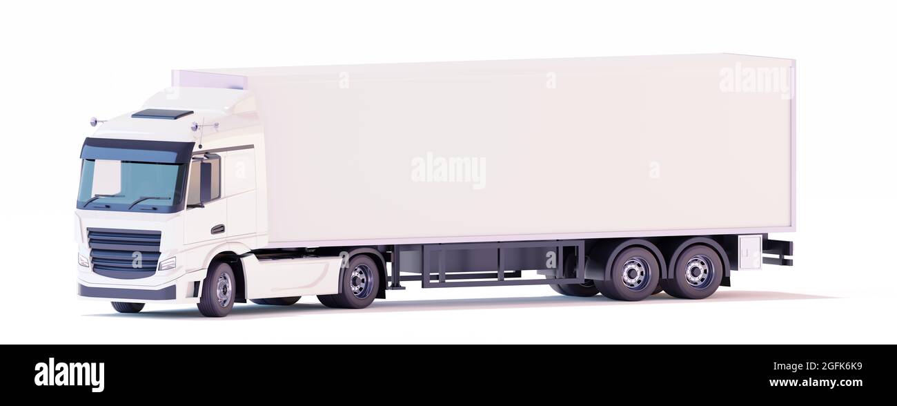 White semi-trailer truck with box trailer. Cab-over tractor. European lorry. Orthographic Side view. 3d illustration Stock Photo
