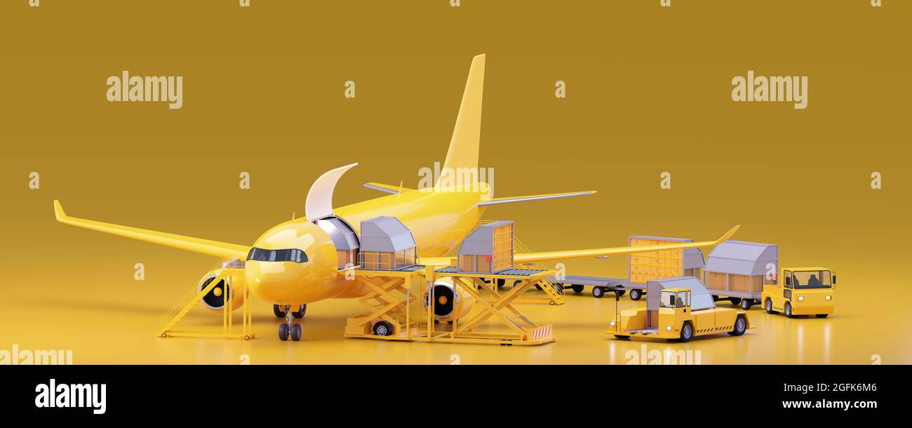 Loading unit load devices on cargo airplane. Aircraft containers, loading platform, airport cargo transporters. Air freight transportation Stock Photo