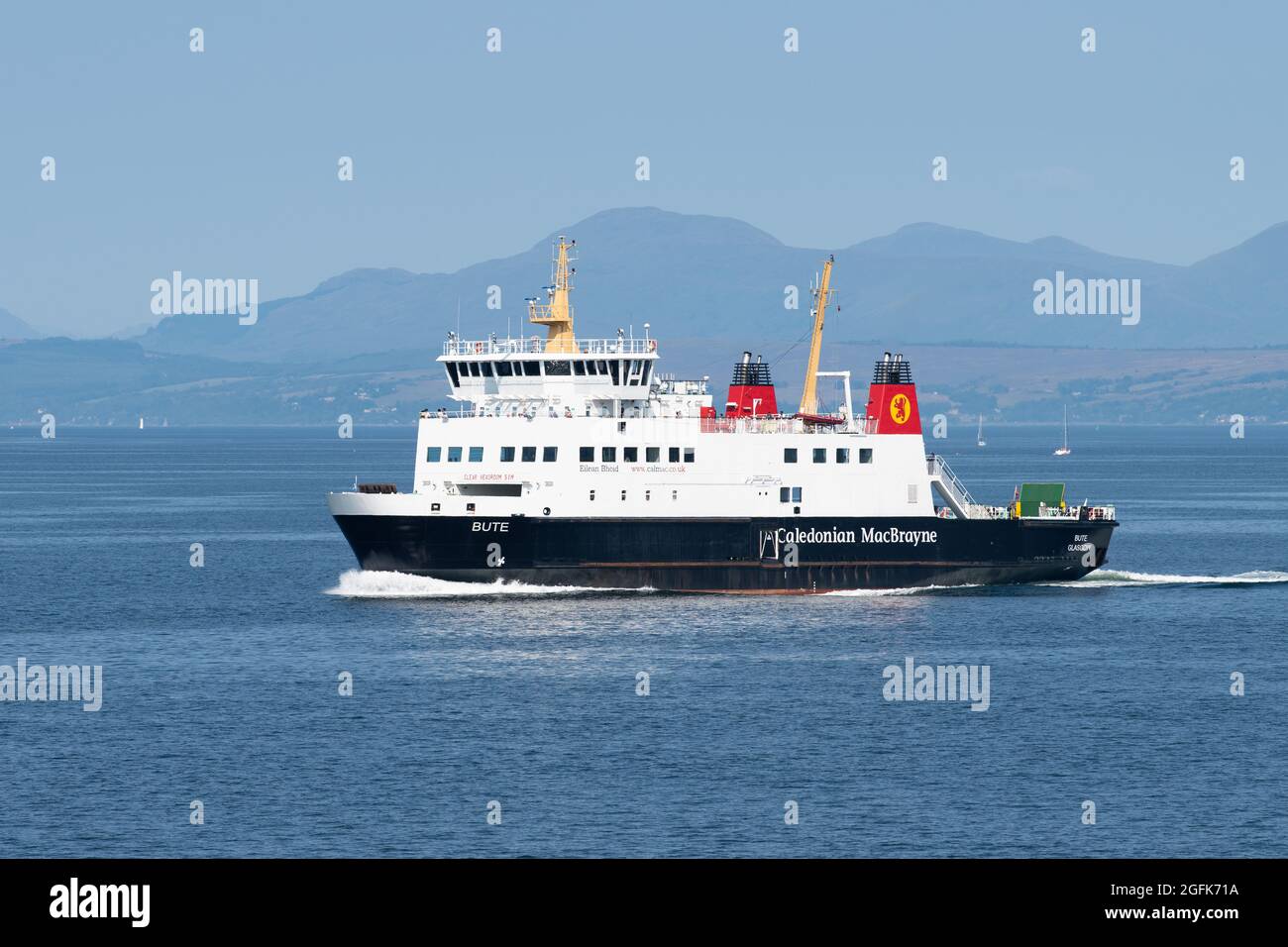MV Bute Caledonian MacBrayne (Calmac) ferry crossing the Firth of Clyde from Wemyss Bay to Rothesay on the Isle of Bute, Scotland, UK Stock Photo
